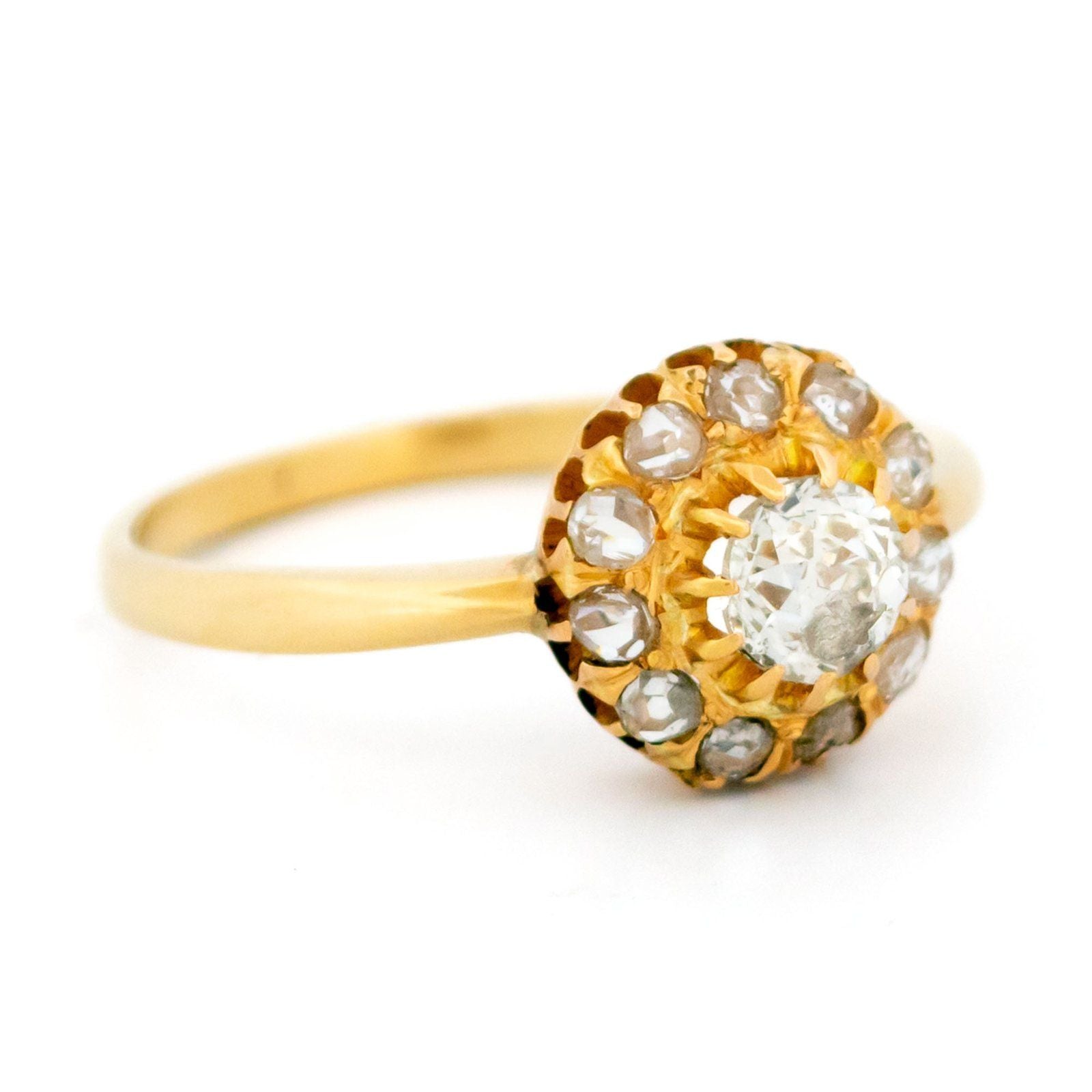 Victorian Antique Old Mine Cut Diamond Cluster Engagement Ring in Yellow Gold