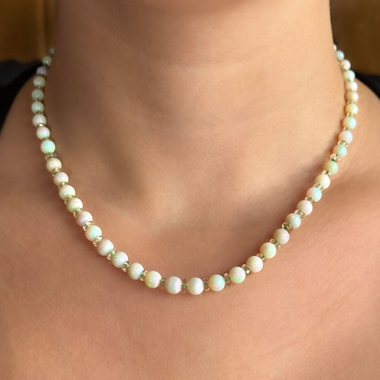 Edwardian Antique Opal Beaded Necklace with Rock Crystal and Opal Clasp