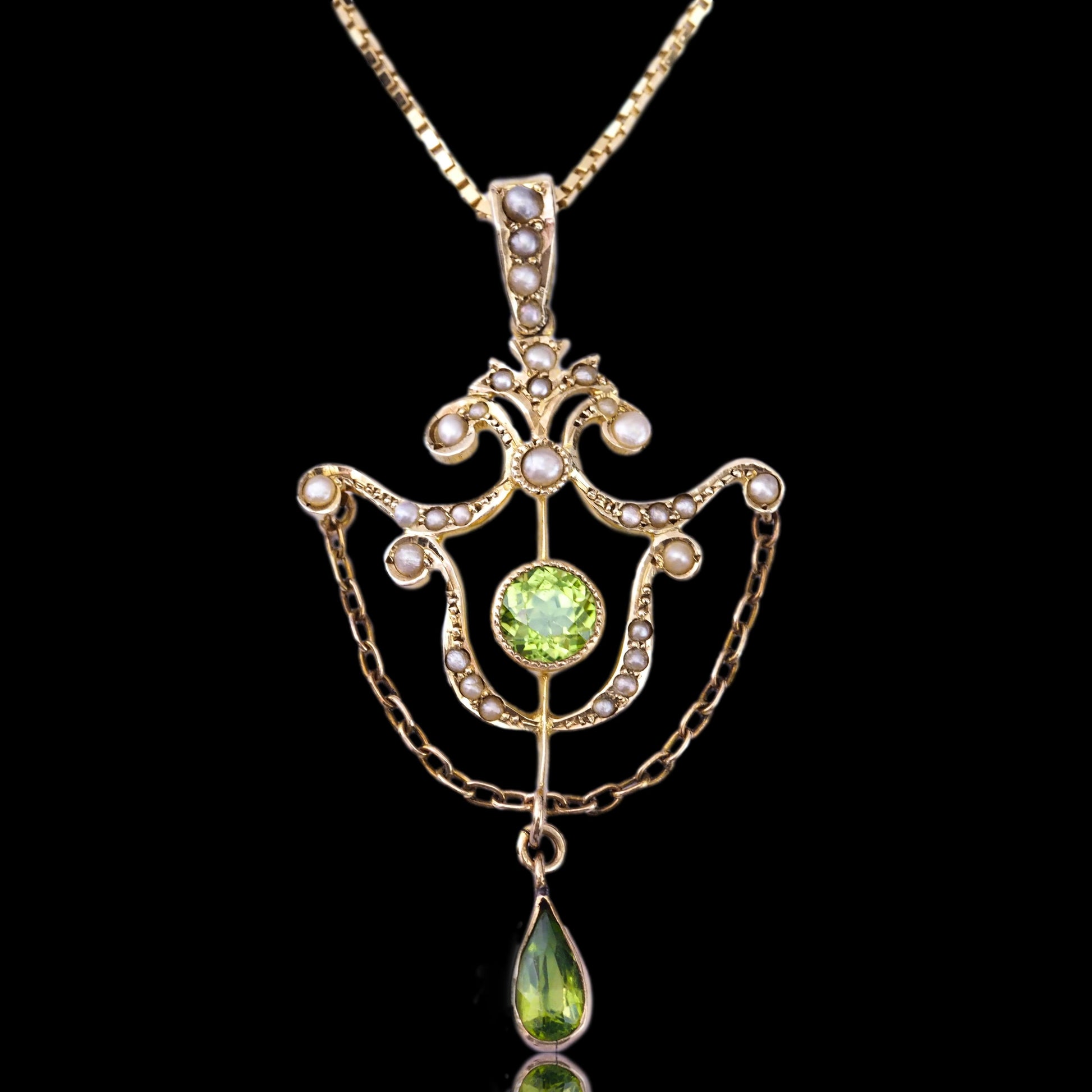 Antique Edwardian Peridot and Seed Pearl Pendant Necklace 9ct Gold - 1909
