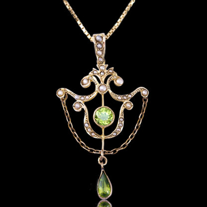 Antique Edwardian Peridot and Seed Pearl Pendant Necklace 9ct Gold - 1909
