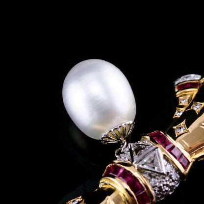 A Fine Vintage 18ct Gold Ruby Diamond and Pearl Bow Necklace