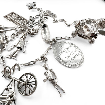 Vintage Silver 13 Charm Long Chain Necklace