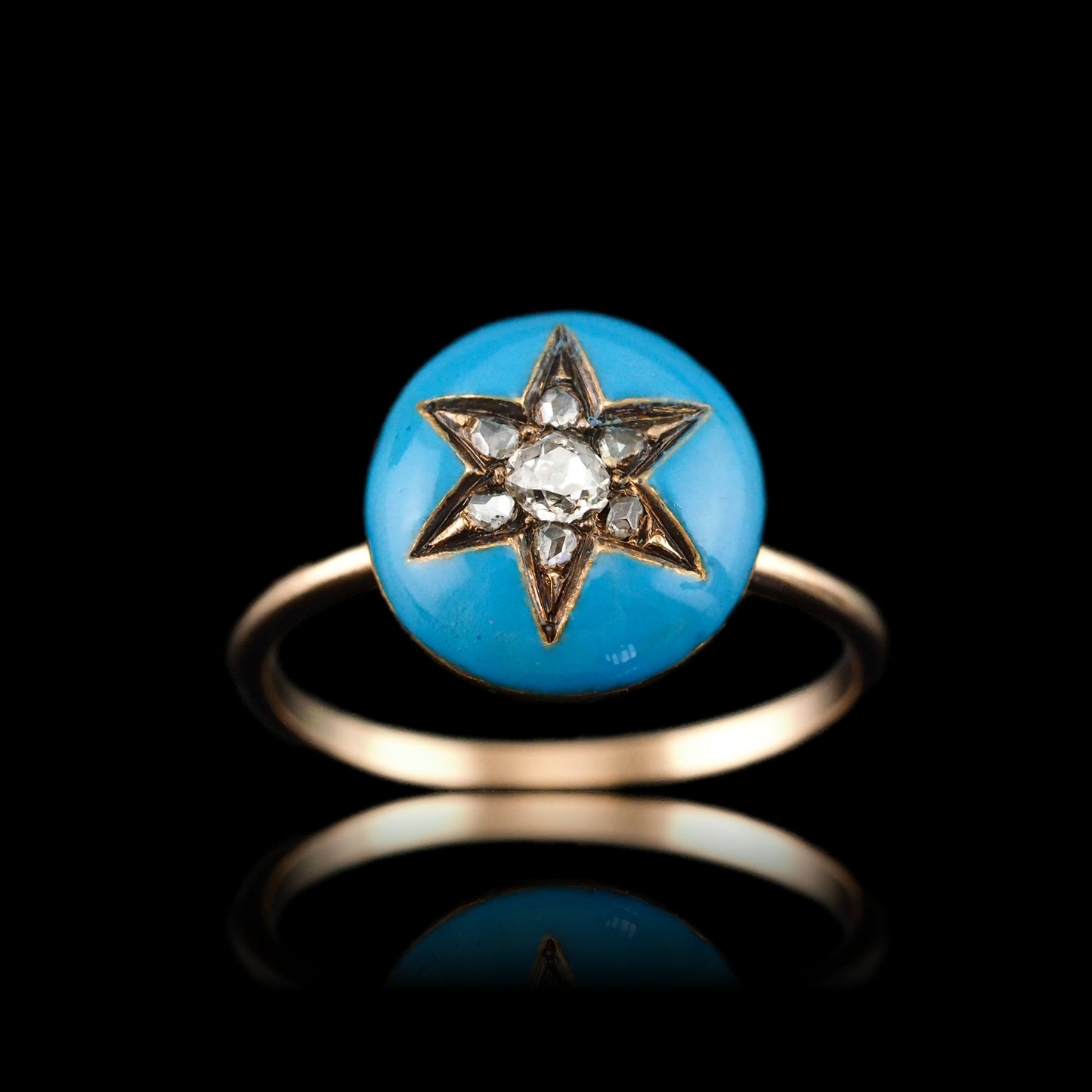 Antique Victorian Diamond Star Ring 9ct Gold Blue Enamel Cabochon - c.1890