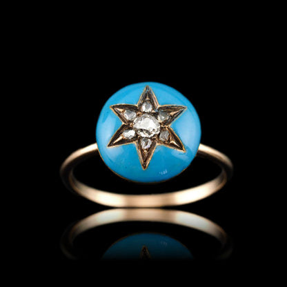 Antique Victorian Diamond Star Ring 9ct Gold Blue Enamel Cabochon - c.1890