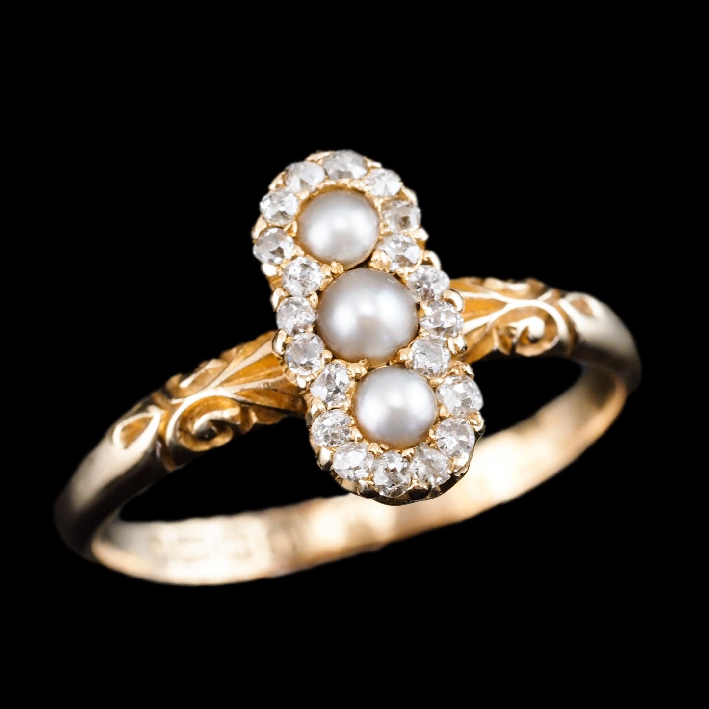 Antique Victorian Diamond and Pearl Triple Cluster Ring 18ct Gold - c.1900
