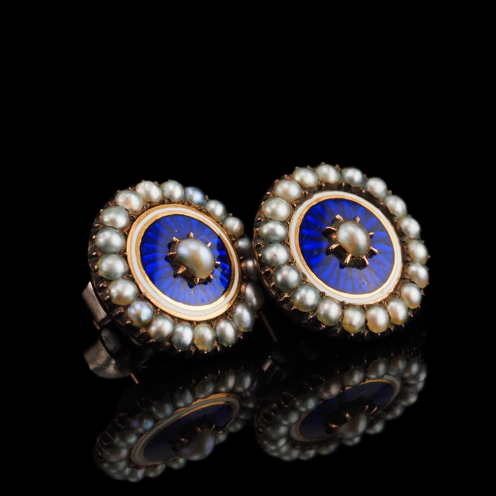 Antique Georgian Gold Earrings with Blue Enamel Guilloche and Seed Pearl Cluster 'Target' Design - c.1800