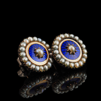 Antique Georgian Gold Earrings with Blue Enamel Guilloche and Seed Pearl Cluster 'Target' Design - c.1800