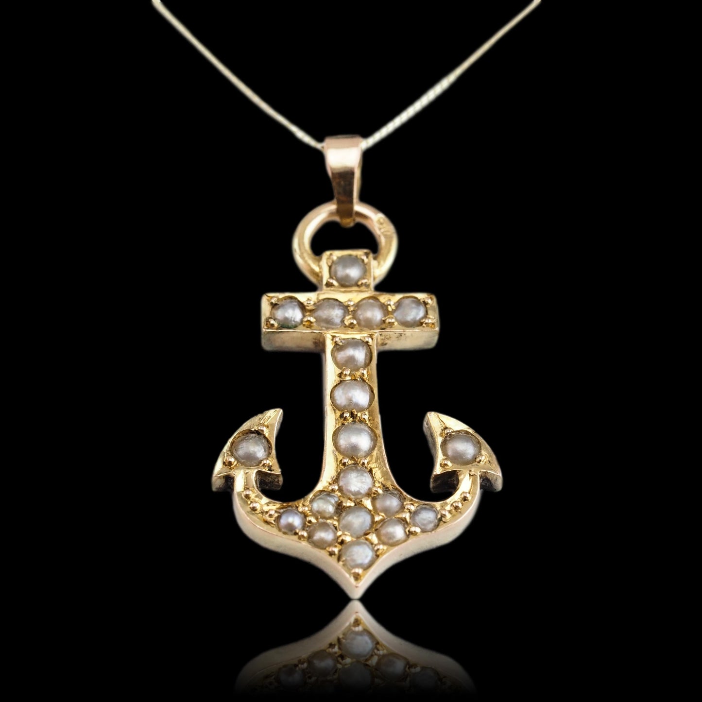 Antique Victorian Pearl Anchor Pendant Necklace 15K Gold - c.1900