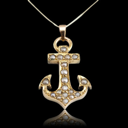 Antique Victorian Pearl Anchor Pendant Necklace 15K Gold - c.1900