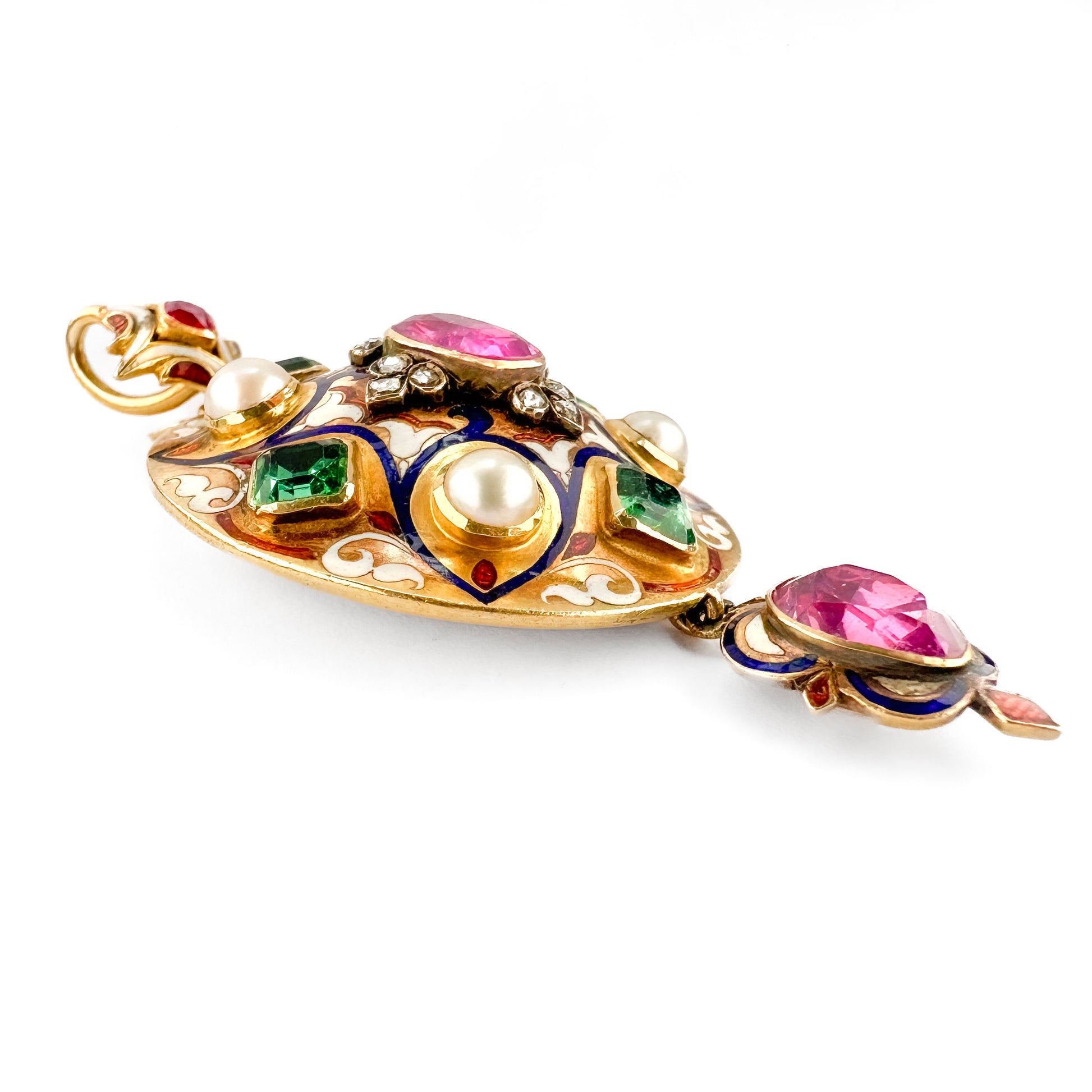 Victorian Antique Pink Sapphire Colombian Emerald Natural Pearl Enamel Holbeinesque Multi Gem Pendant