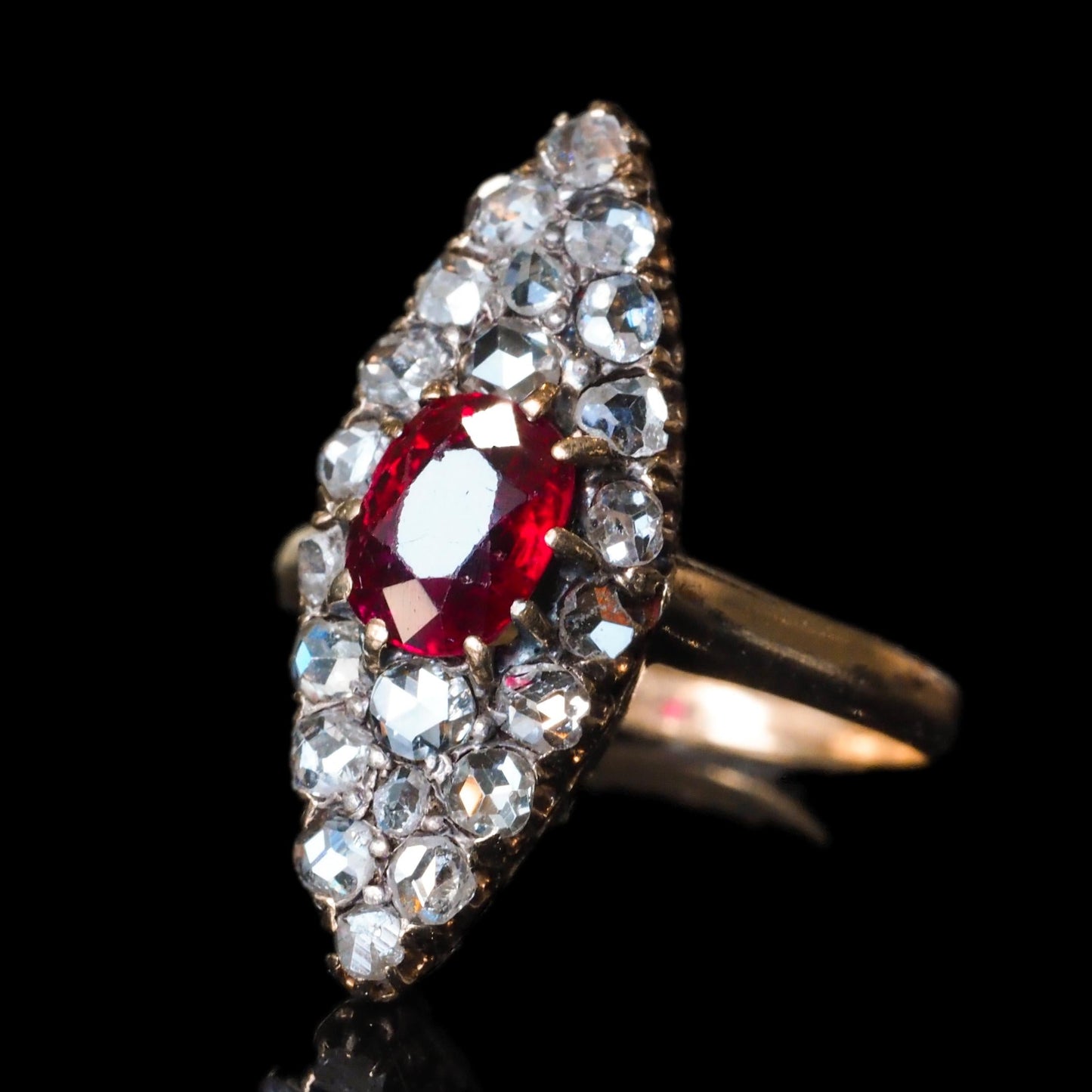 Antique French Natural No Heat Ruby and Old Cut Diamond Navette Cluster Ring, Circa 1890
