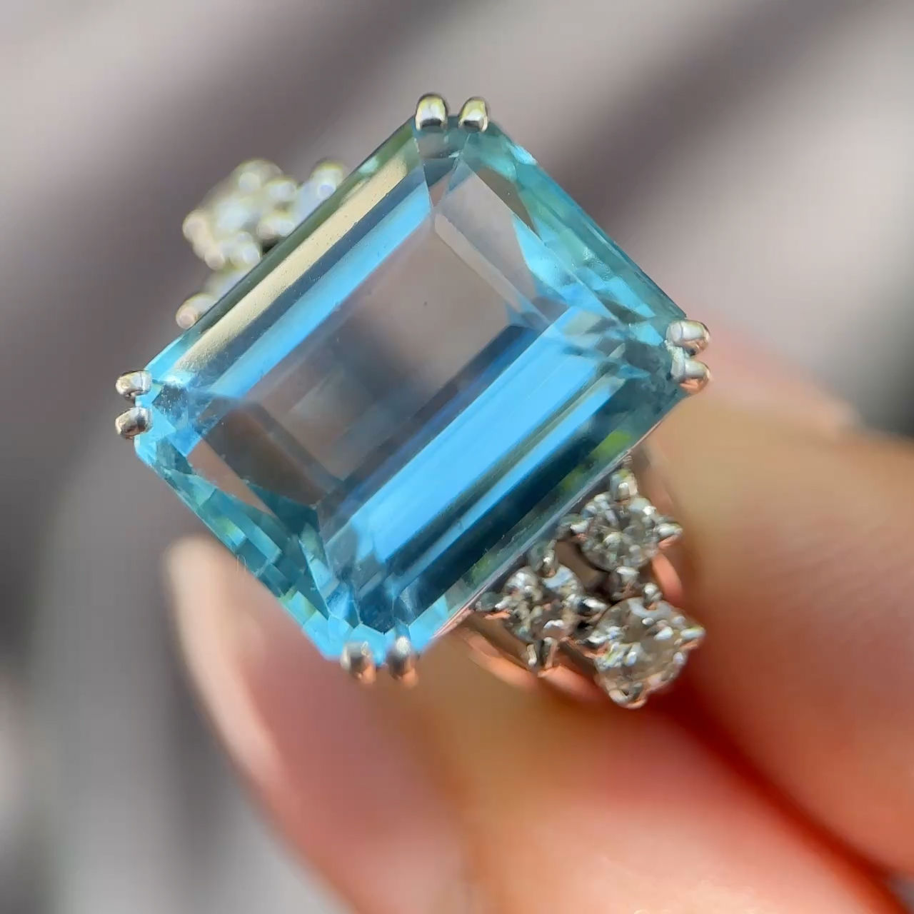 Vintage Emerald-Cut Aquamarine and Diamond Ring