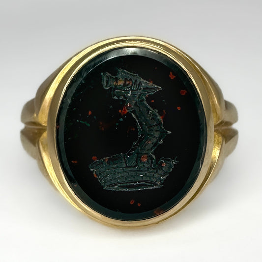 Antique Bloodstone Heraldic Intaglio Signet Ring