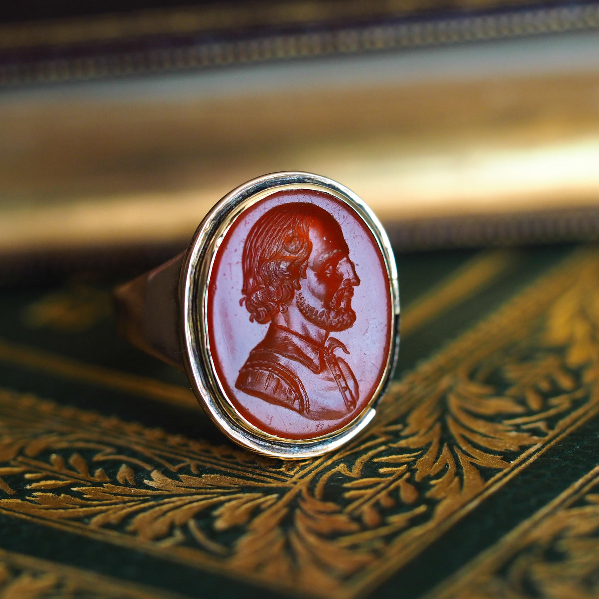 Antique 18K Gold Carnelian Intaglio Ring, Side Profile Gentleman - 19th century.