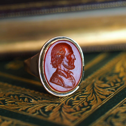 Antique 18K Gold Carnelian Intaglio Ring, Side Profile Gentleman - 19th century.