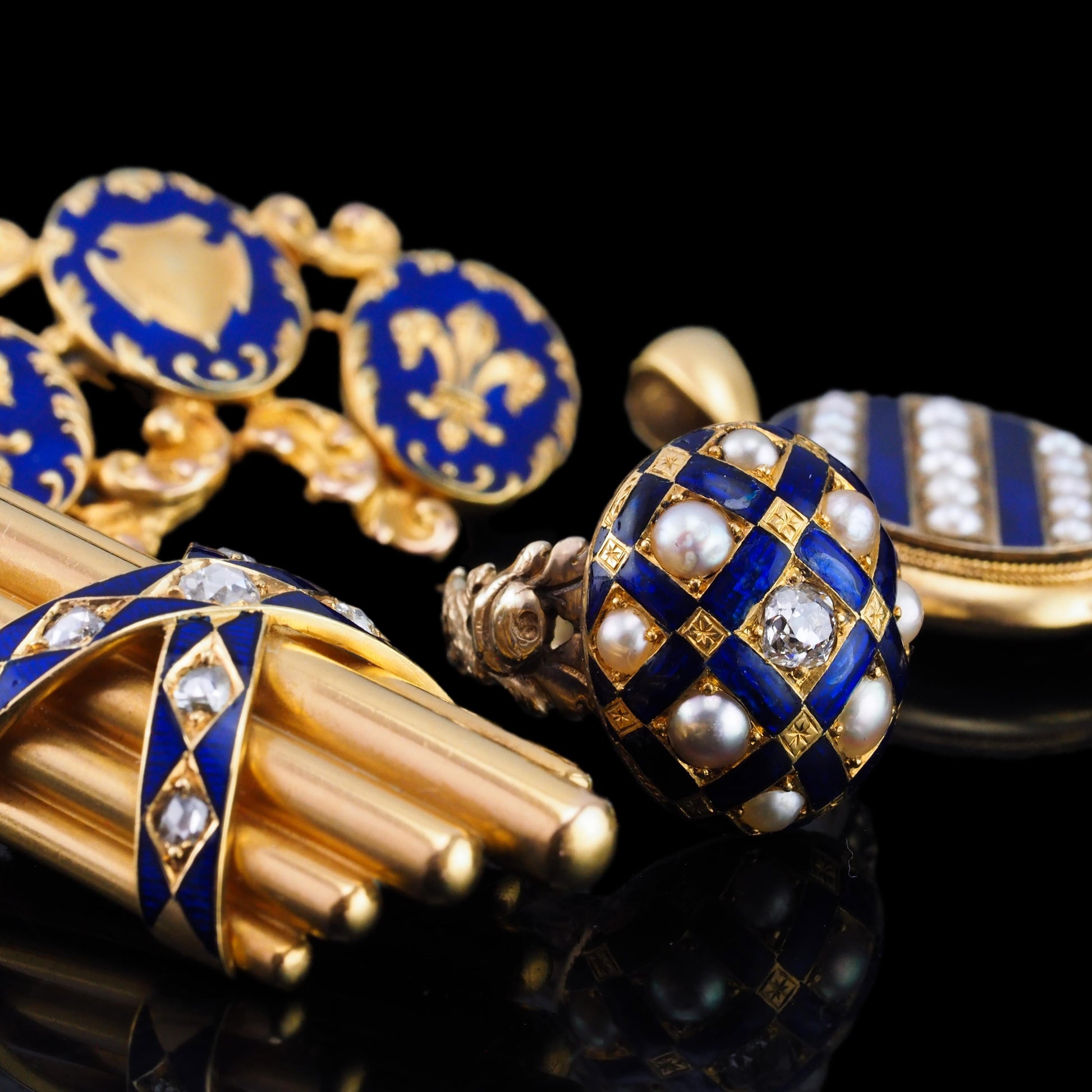 Victorian Antique Blue Enamel Diamond and Pearl Ring