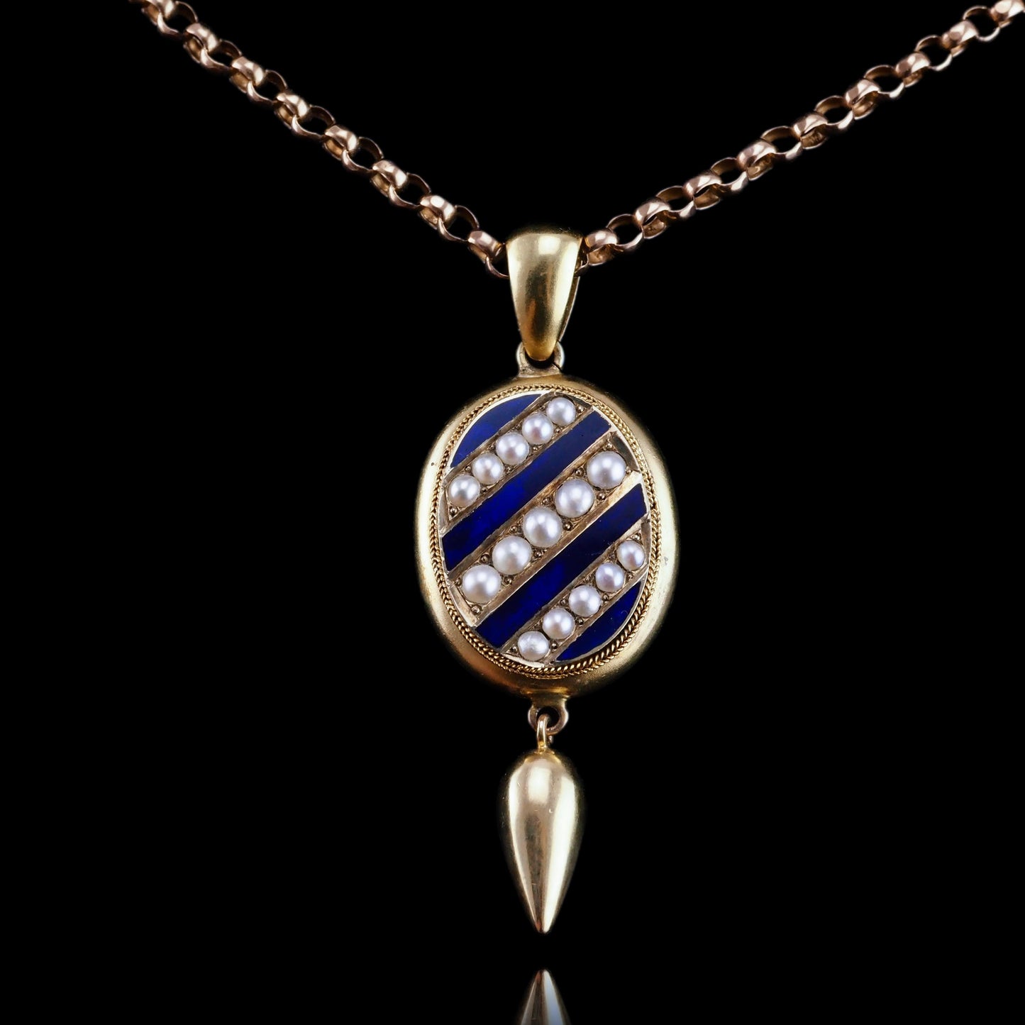 Antique Victorian 15ct Gold Blue Enamel and Pearl Pendant Locket Necklace - c.1880