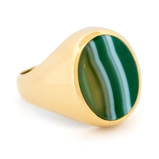 Vintage 18 Carat Yellow Gold Oval Banded Agate Signet Ring