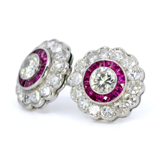 Art Deco Inspired Diamond and Ruby Target Cluster Stud Earrings in Platinum