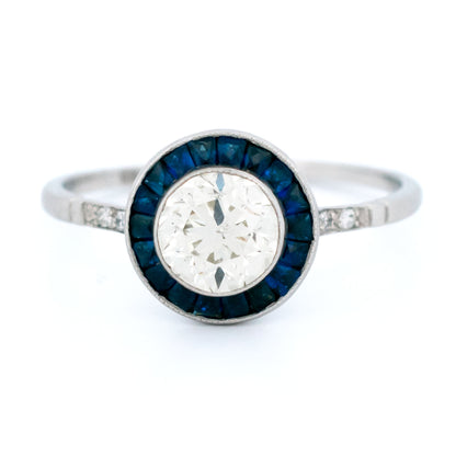 1ct Old European Cut Diamond and Sapphire Halo Target Cluster Ring in Platinum