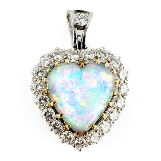 Antique Vintage Opal and Diamond Heart Cluster Pendant, 1.40 carats
