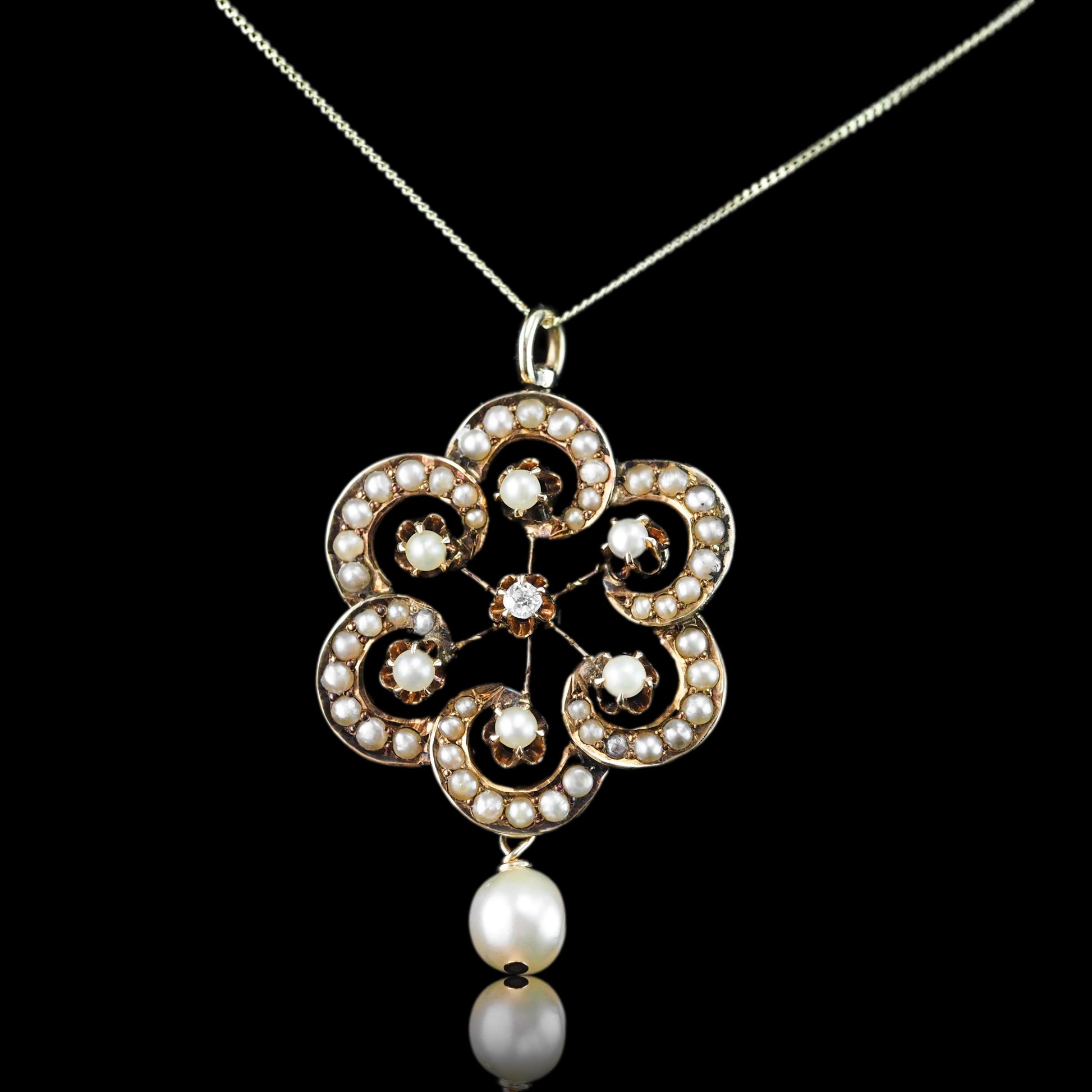 Antique Victorian Diamond & Pearl Pendant Necklace 14K Gold - c.1900