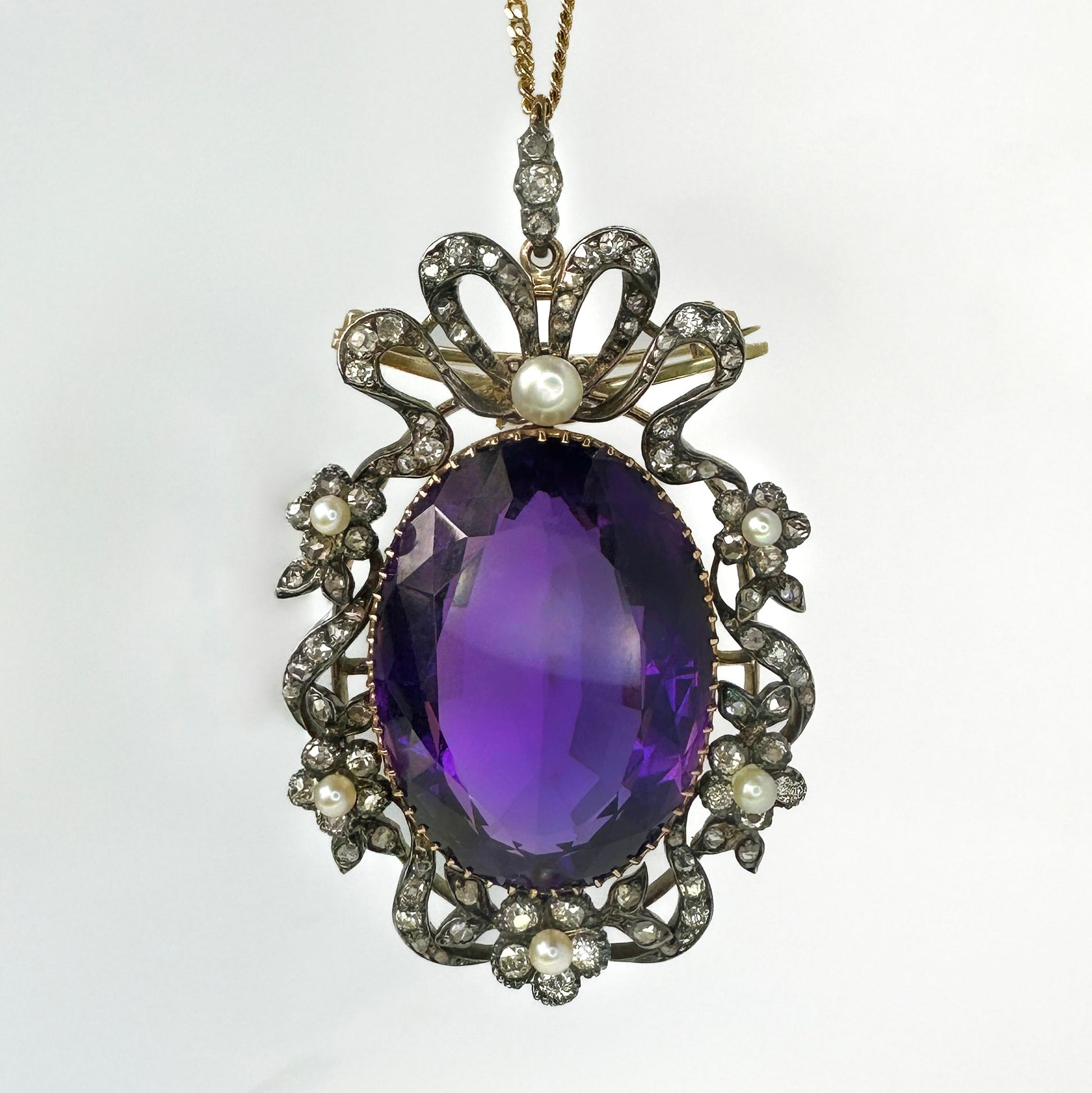 Victorian Antique Amethyst Pearl and Diamond Pendant come Brooch