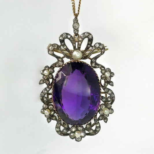 Victorian Antique Amethyst Pearl and Diamond Pendant come Brooch