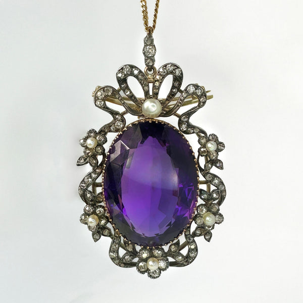 Victorian Antique Amethyst Pearl and Diamond Pendant come Brooch