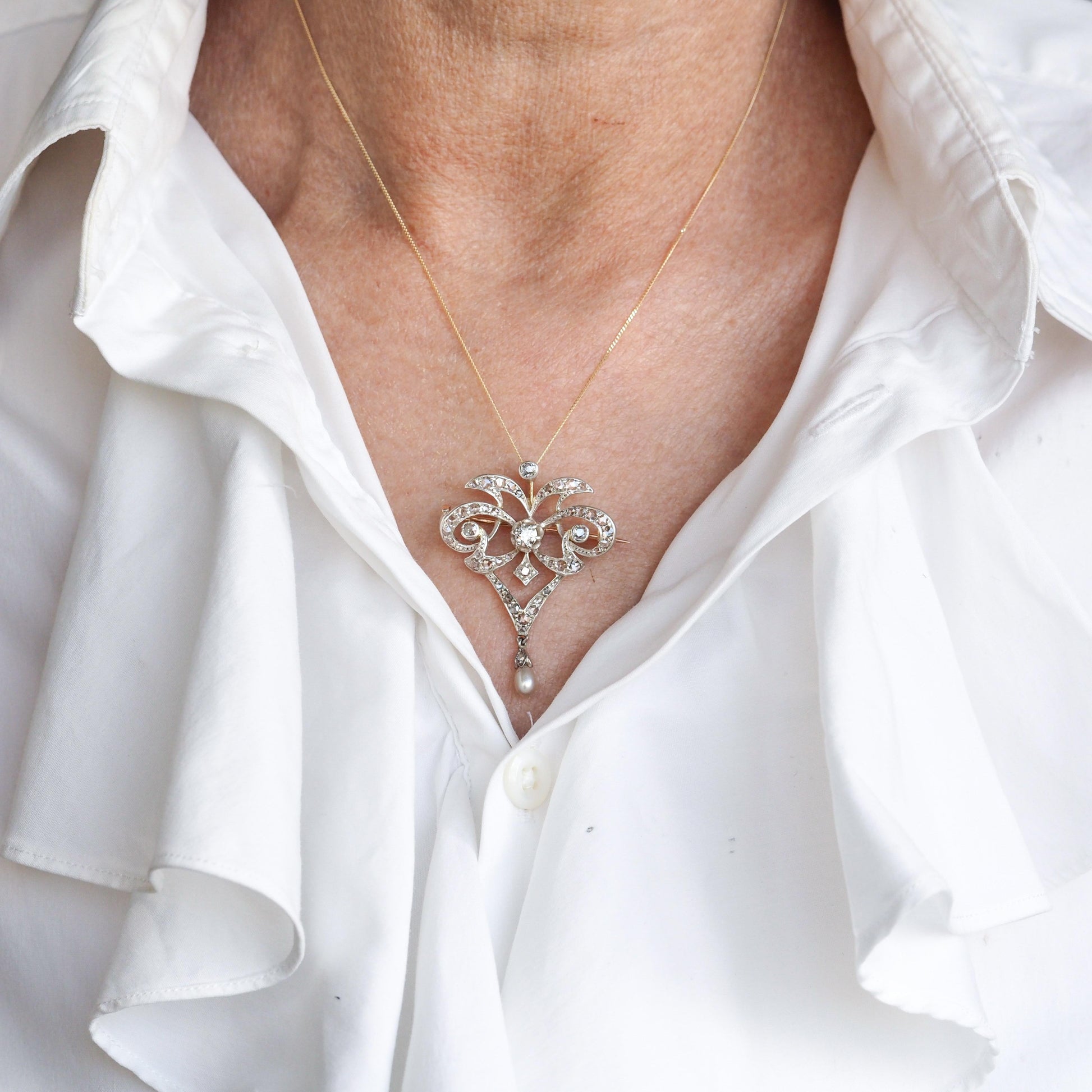 Antique Diamond and Pearl Necklace Lavalier Pendant come Brooch