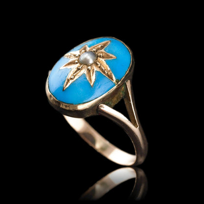 Antique Victorian Blue Enamel & Gold Star Pearl Ring 9K Gold - c.1880