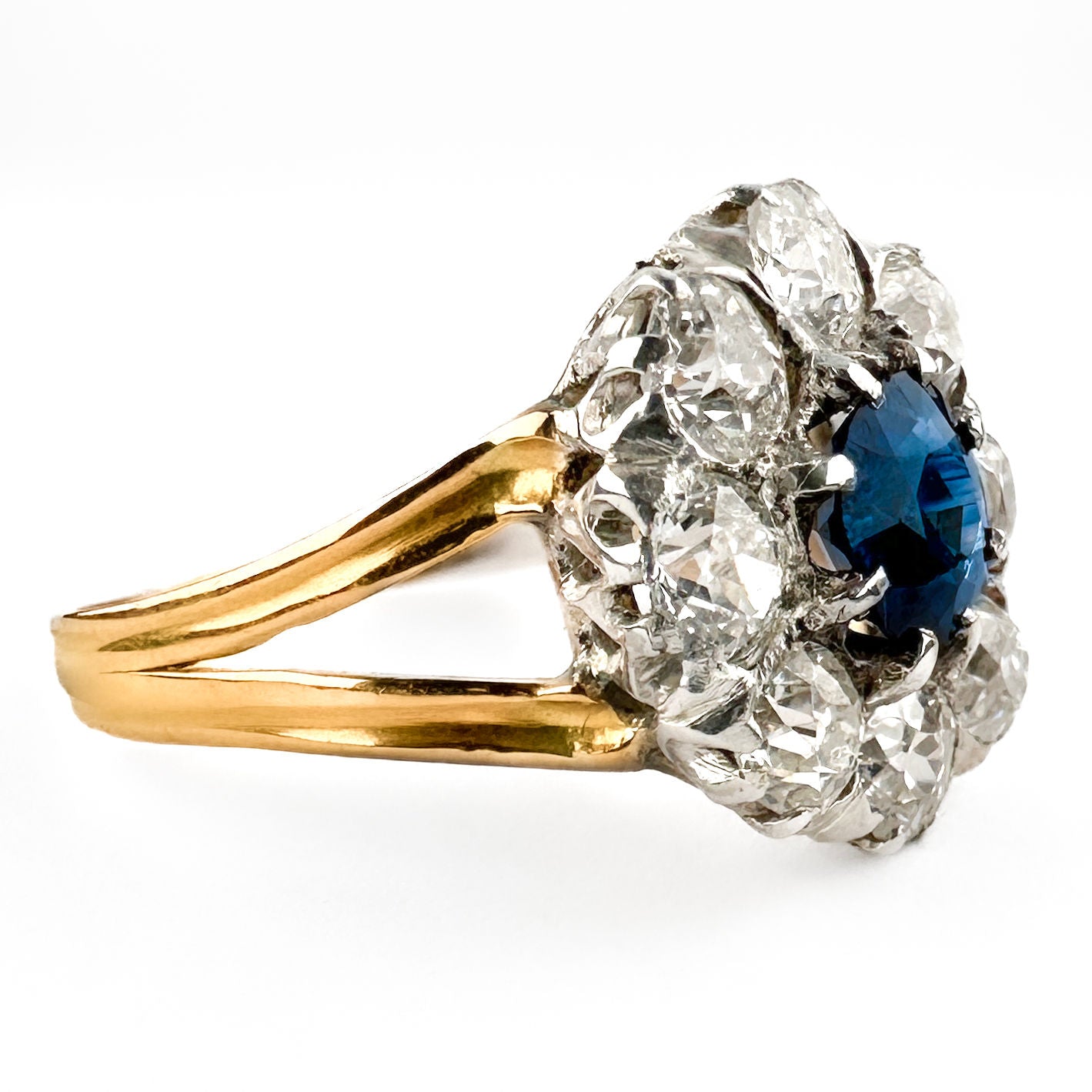 Victorian Antique Ceylon Sapphire and Diamond Daisy Cluster Engagement Ring