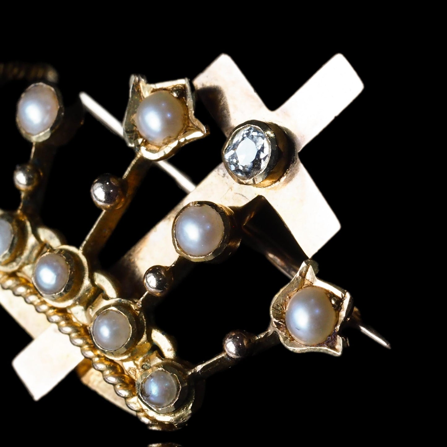 Antique Crown/Coronet Brooch Diamond & Pearls with Cross 15K Gold - c.1890