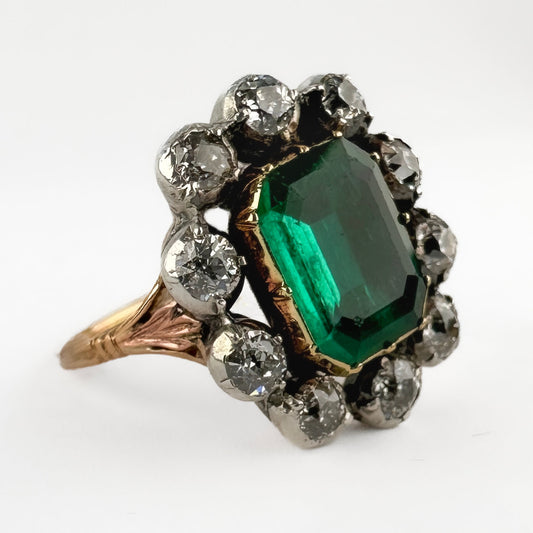 Victorian Emerald &amp; Diamond Cluster Ring