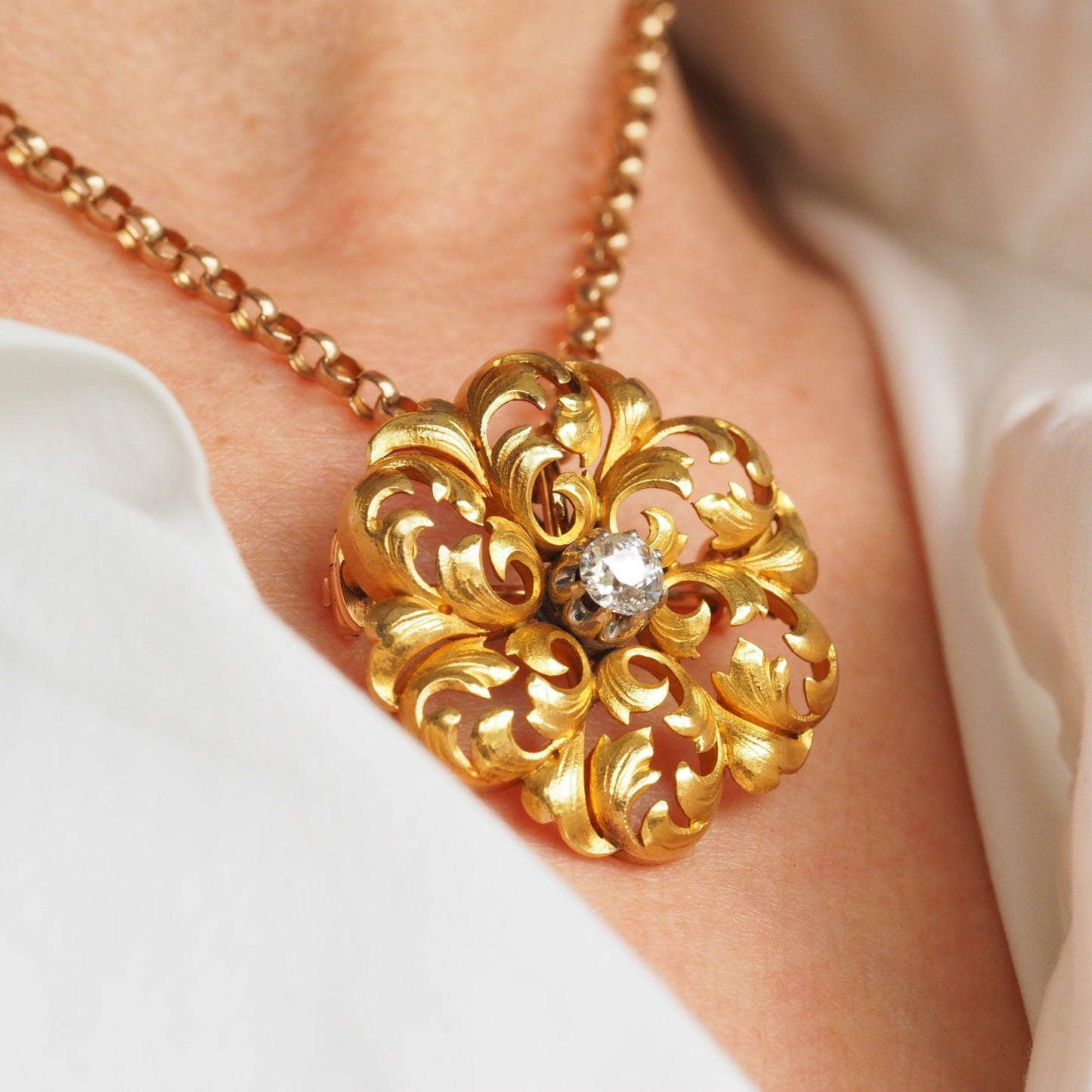 Antique French Diamond Set 18ct Gold Floral Acanthus Pendant Necklace Brooch