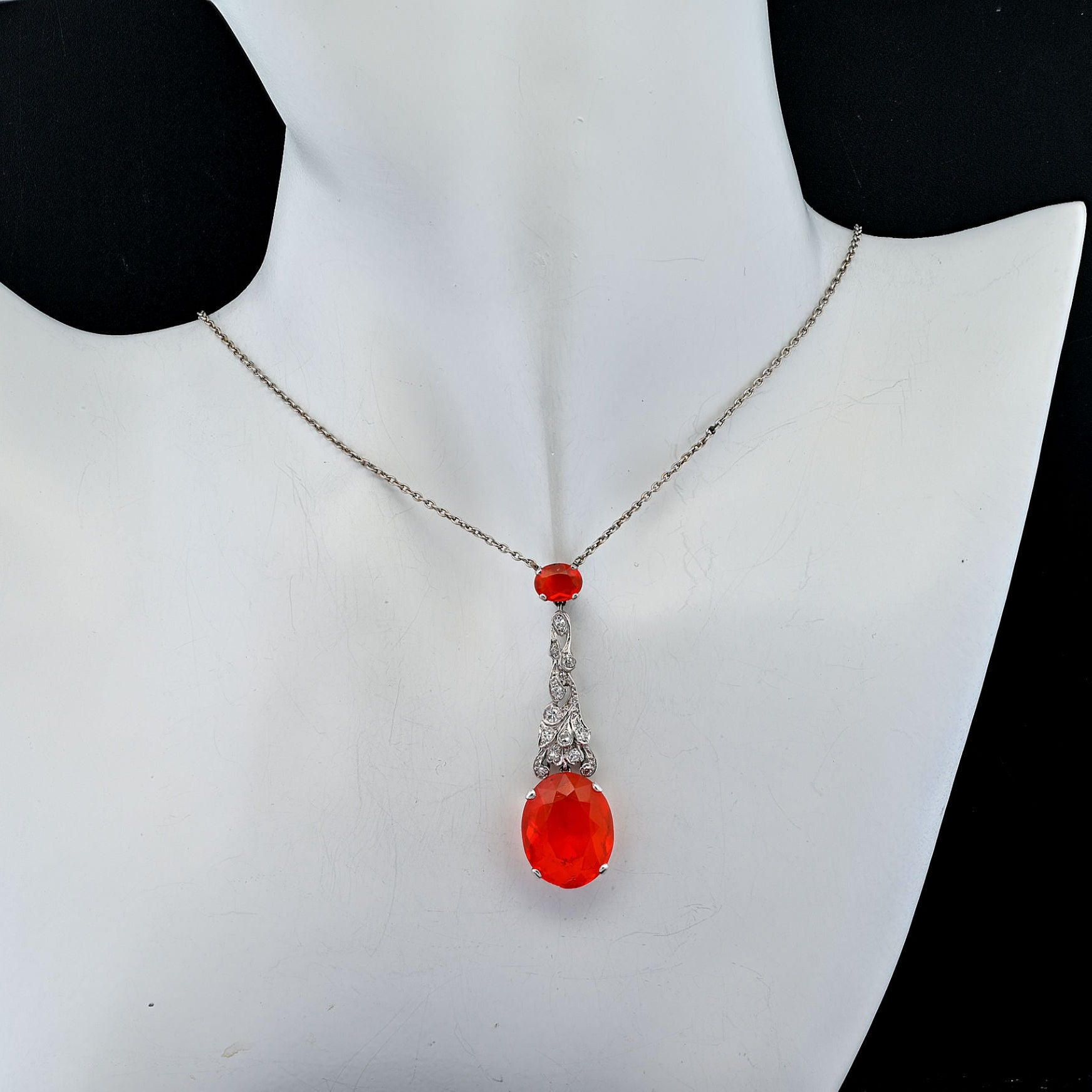 Art Deco 7.70ct Fire Opal and Diamond Pendant Necklace