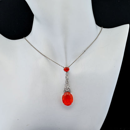 Art Deco 7.70ct Fire Opal and Diamond Pendant Necklace