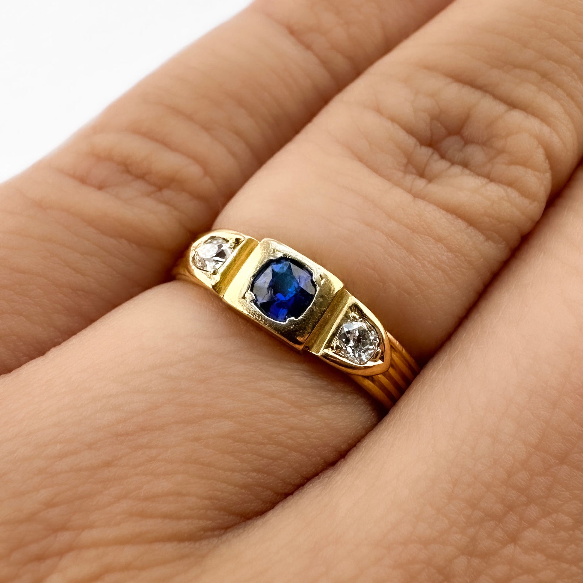Edwardian Antique Ceylon Sapphire and Diamond Three Stone Gypsy Band Ring
