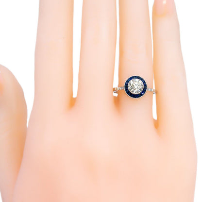 1ct Old European Cut Diamond and Sapphire Halo Target Cluster Ring in Platinum