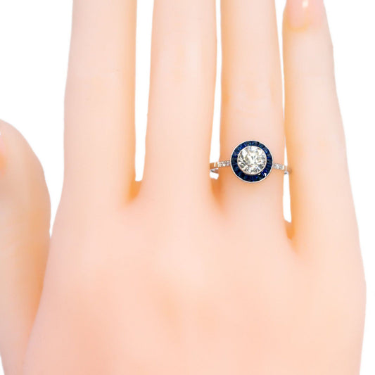 1ct Old European Cut Diamond and Sapphire Halo Target Cluster Ring in Platinum