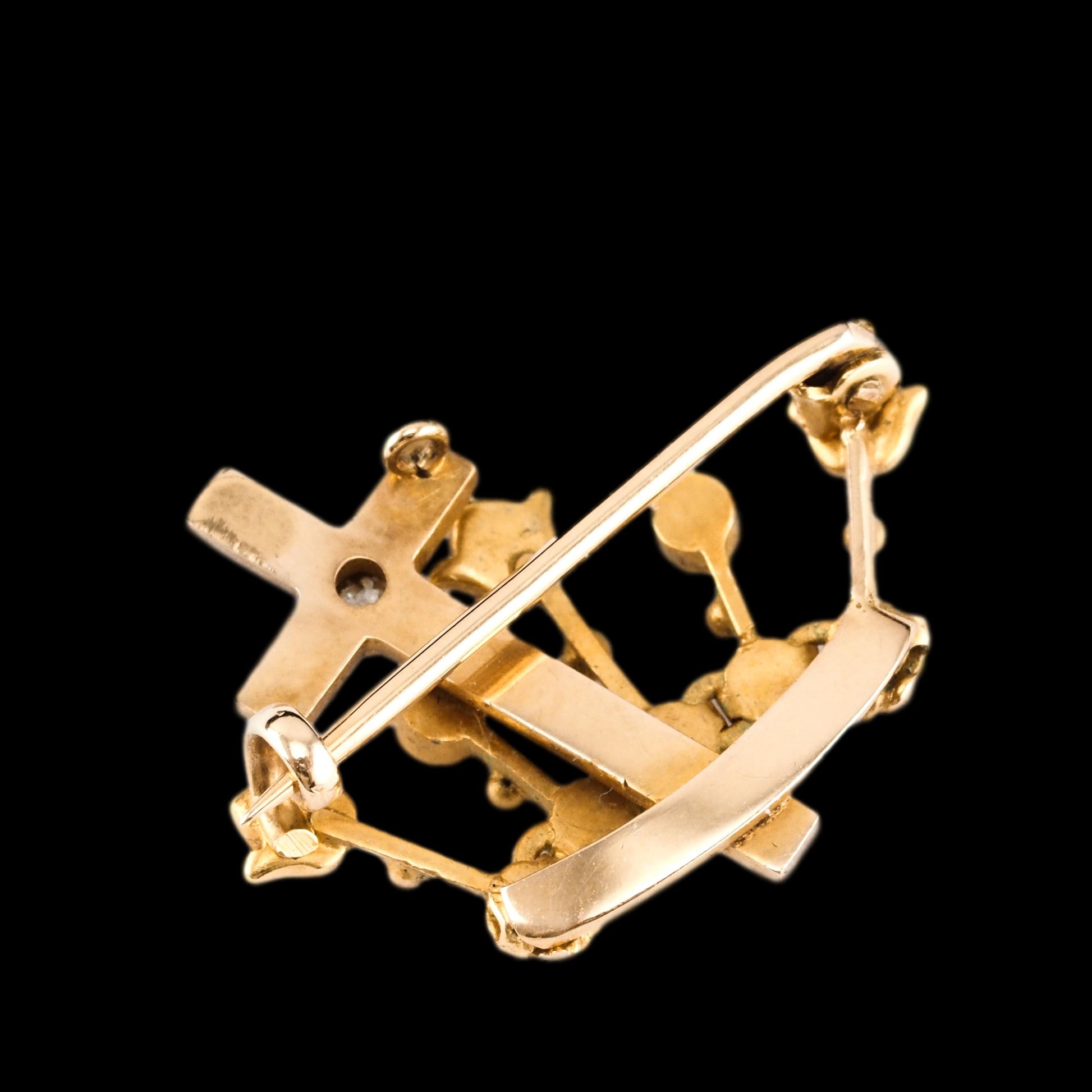 Antique Crown/Coronet Brooch Diamond & Pearls with Cross 15K Gold - c.1890