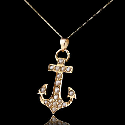 Antique Victorian Pearl Anchor Pendant Necklace 15K Gold - c.1900