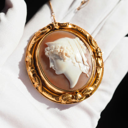 Magnificent Large Antique Victorian 18K Gold Cameo Brooch Pendant Locket - c.1860