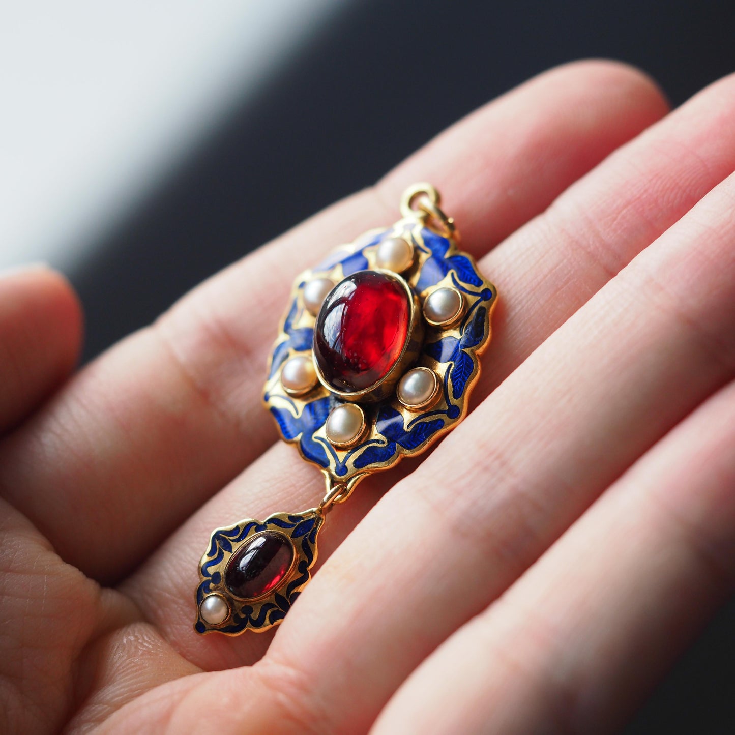 Victorian Antique Garnet Pearl Blue Enamel Holbeinesque Pendant Necklace