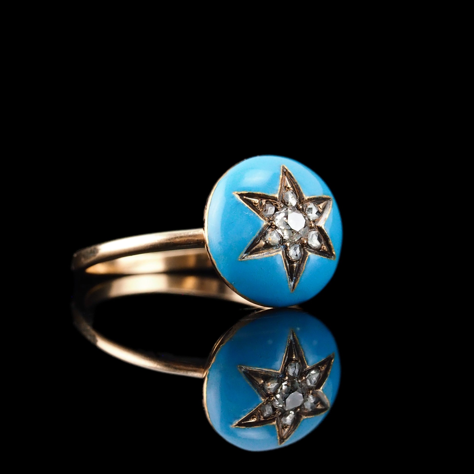 Antique Victorian Diamond Star Ring 9ct Gold Blue Enamel Cabochon - c.1890