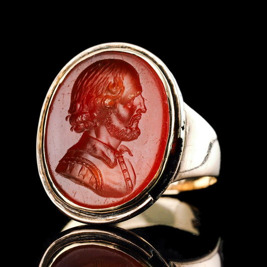 Antique 18K Gold Carnelian Intaglio Ring, Side Profile Gentleman - 19th century.