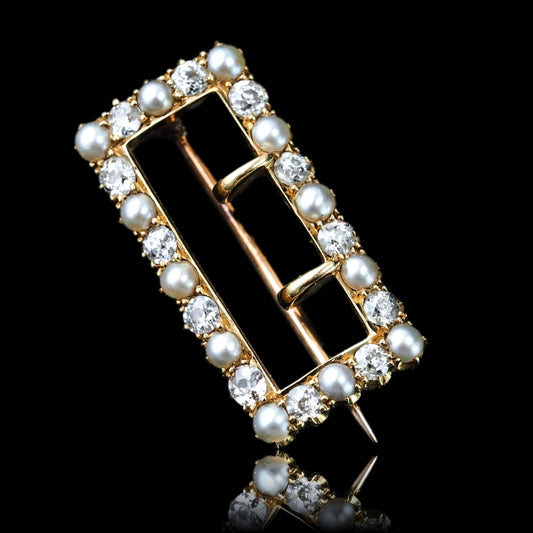 Antique Victorian Diamond Pearl Brooch/Pendant Buckle Shape 18K Gold - c.1890
