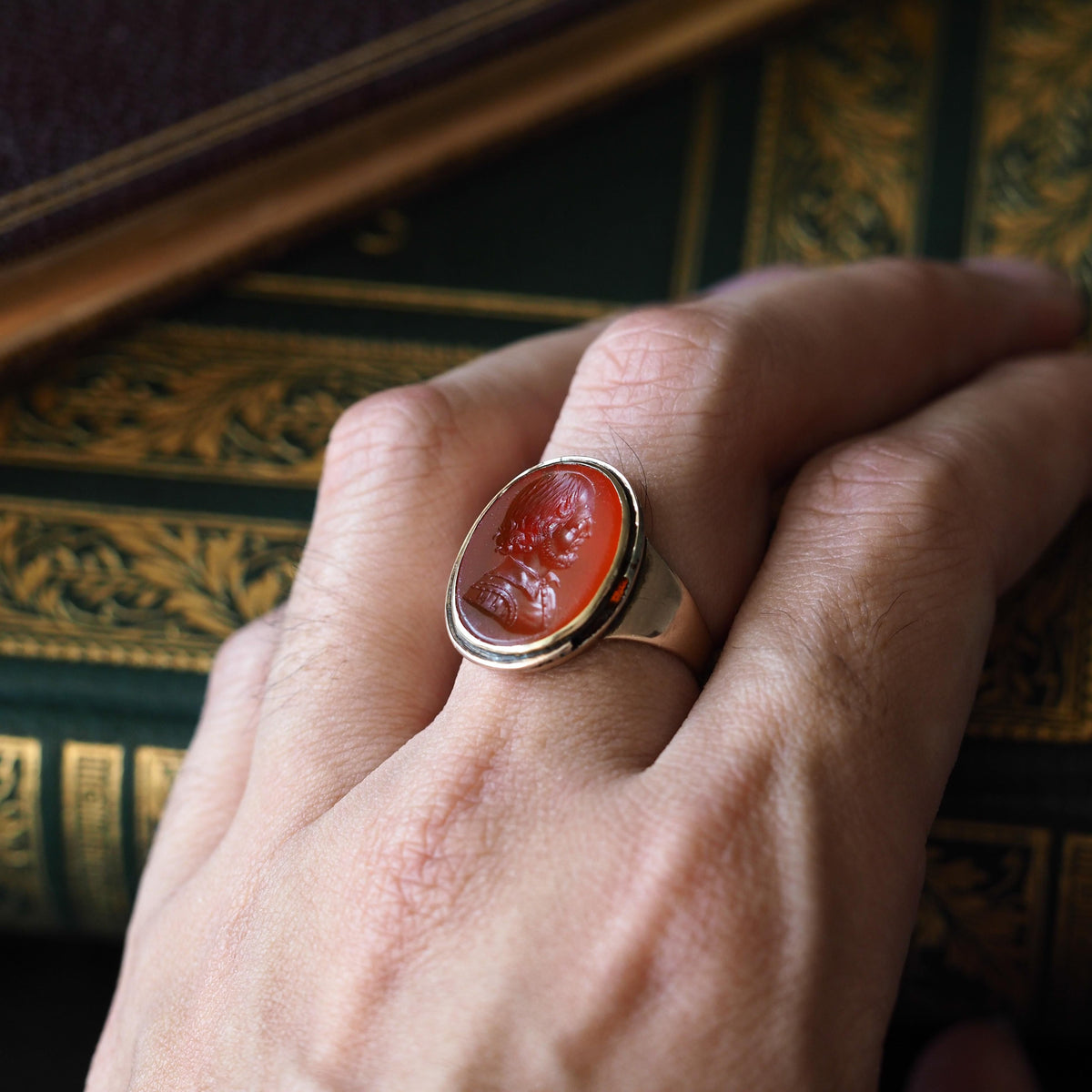 Antique 18K Gold Carnelian Intaglio Ring, Side Profile Gentleman - 19th century.