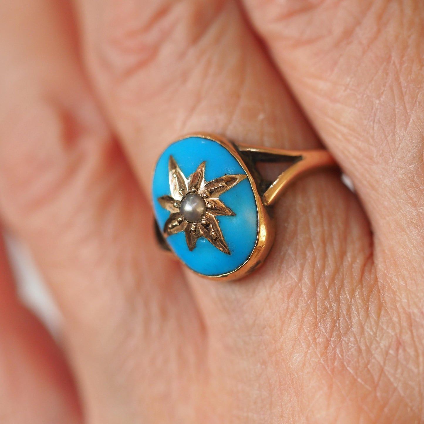 Antique Victorian Blue Enamel And Gold Star Pearl Ring 9 Carat Gold - circa 1880