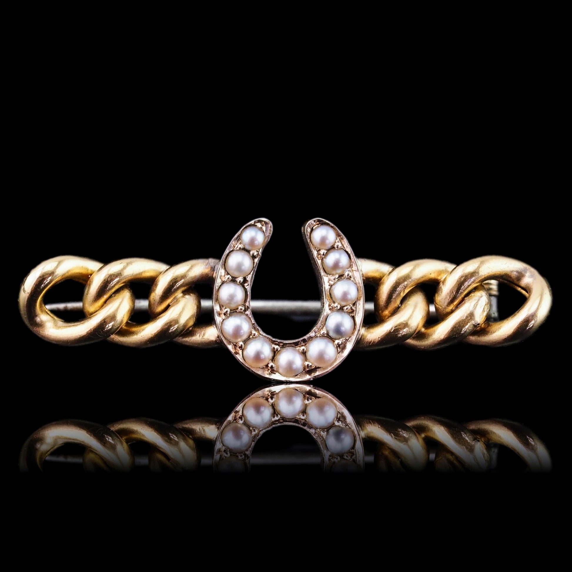 Antique Victorian Horseshoe Pearl Brooch 15K Gold - c.1900